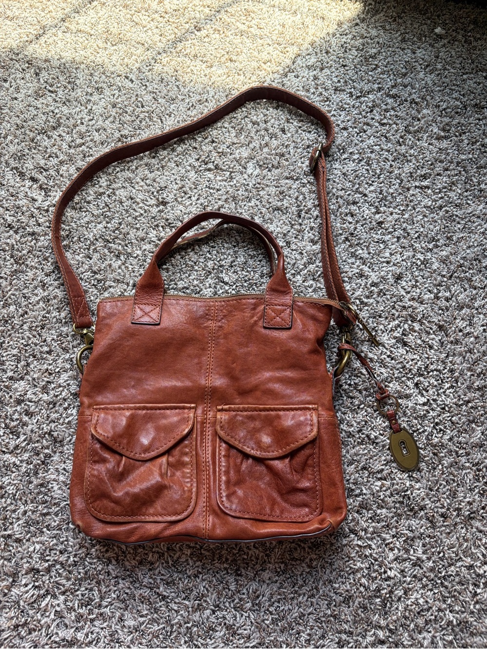 Fossil Cognac Leather Tote with Front Flap Pockets